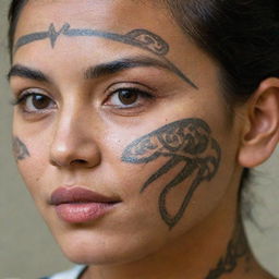 A close-up image of a woman's face with a detailed and intricate tribal tattoo.