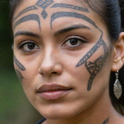 A close-up image of a woman's face with a detailed and intricate tribal tattoo.