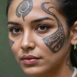 A close-up image of a woman's face with a detailed and intricate tribal tattoo.