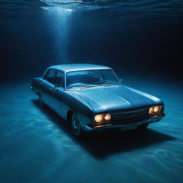 A car submerged underwater with a shimmering bluish light cascading on it, creating an underwater ambience