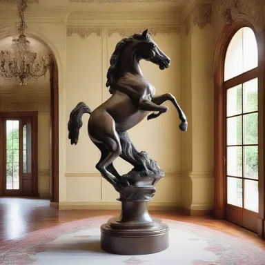 The elegant foyer of the mansion was adorned with a sculpture of a horse, capturing the essence of clumping in its detailed craftsmanship.