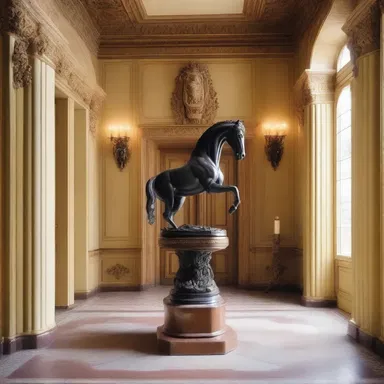 The elegant foyer of the mansion was adorned with a sculpture of a horse, capturing the essence of clumping in its detailed craftsmanship.