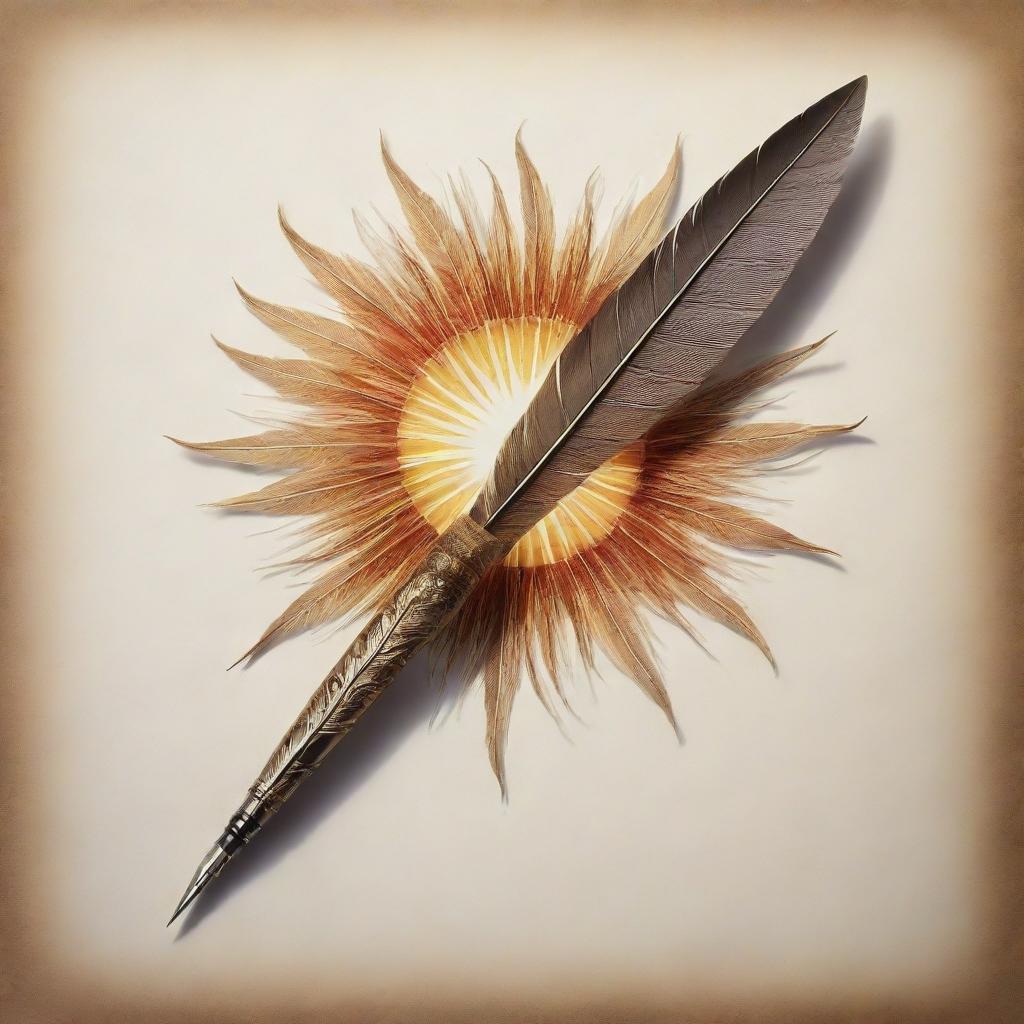 A radiant sun gleaming brightly as it merges harmoniously with an intricately-crafted quill pen.