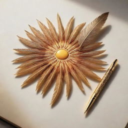 A radiant sun gleaming brightly as it merges harmoniously with an intricately-crafted quill pen.