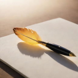 An elegantly crafted quill pen is artistically merging with a bright, radiant sun.