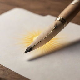 An elegantly crafted quill pen is artistically merging with a bright, radiant sun.