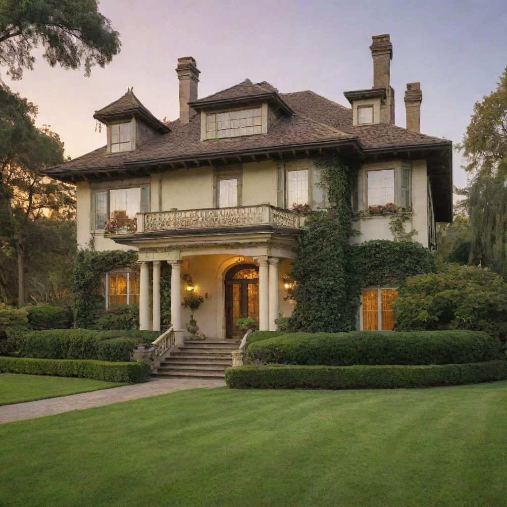 A large, ornate two-story house with a lush, green lawn and trees in the foreground. The home is bathed in the golden glow of a sunset.