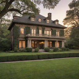 A large, ornate two-story house with a lush, green lawn and trees in the foreground. The home is bathed in the golden glow of a sunset.