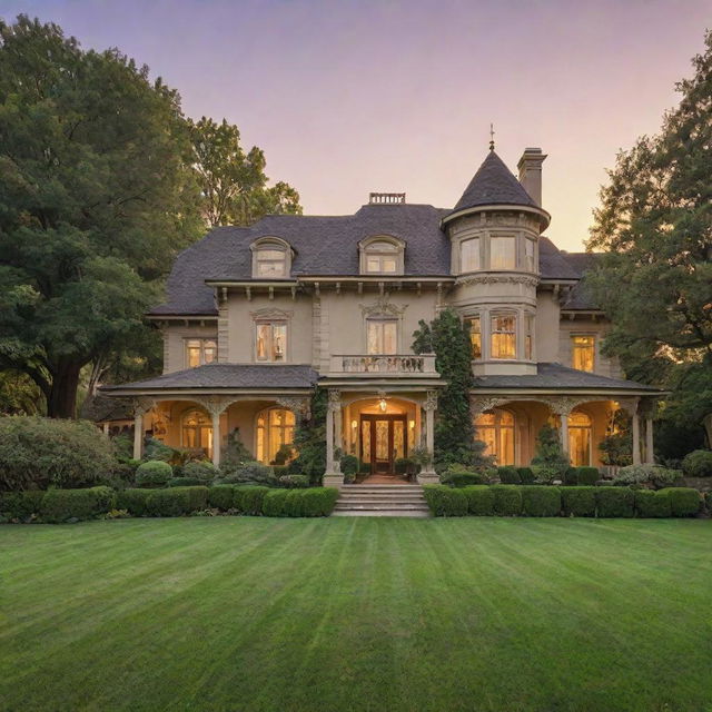 A large, ornate two-story house with a lush, green lawn and trees in the foreground. The home is bathed in the golden glow of a sunset.