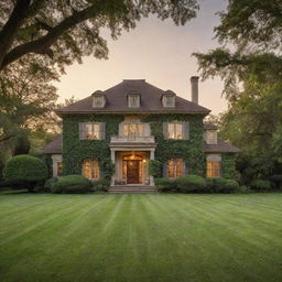 A large, ornate two-story house with a lush, green lawn and trees in the foreground. The home is bathed in the golden glow of a sunset.