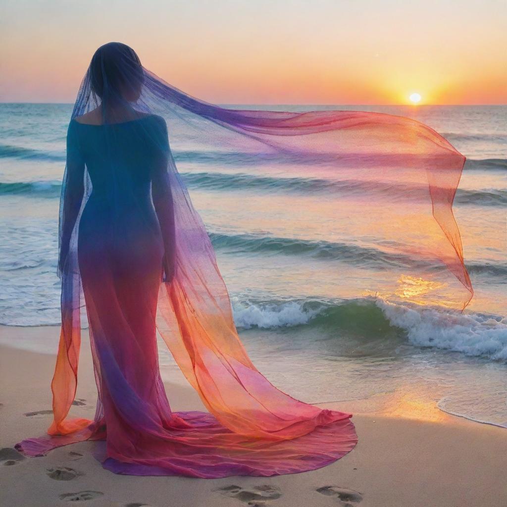 A mystical veil, seemingly woven from the vibrant hues of an oceanic sunset, cascading in translucent waves.