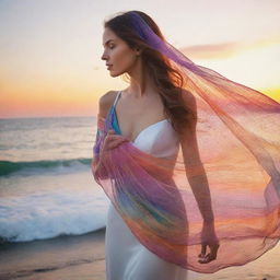 A mystical veil, seemingly woven from the vibrant hues of an oceanic sunset, cascading in translucent waves.