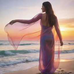 A mystical veil, seemingly woven from the vibrant hues of an oceanic sunset, cascading in translucent waves.