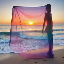 A mystical veil, seemingly woven from the vibrant hues of an oceanic sunset, cascading in translucent waves.