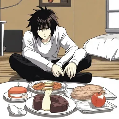 In the anime series 'Death Note,' L is known for his oddity, constantly sitting in a crouching position and eating sweets.