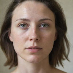 A portrait of a 29-year-old Caucasian woman with delicate features, bathed in natural light