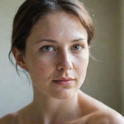 A portrait of a 29-year-old Caucasian woman with delicate features, bathed in natural light