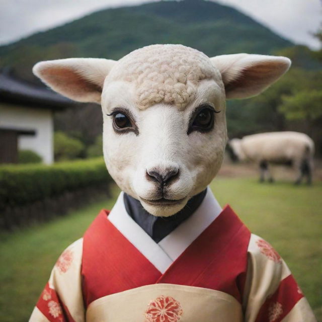 A lamb gently wearing a traditional Japanese Hanya mask, framed against a serene, culturally rich backdrop.