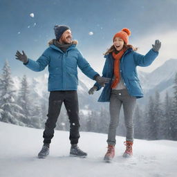 3D illustration of a jovial couple, a girl and boy, engaging in a snowball fight amidst falling snow on a snowy mountain. They are clad in stylish coats, pants, beanies, gloves, and sneakers.