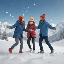 3D illustration of a jovial couple, a girl and boy, engaging in a snowball fight amidst falling snow on a snowy mountain. They are clad in stylish coats, pants, beanies, gloves, and sneakers.