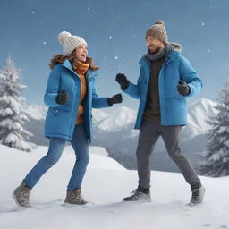 3D illustration of a jovial couple, a girl and boy, engaging in a snowball fight amidst falling snow on a snowy mountain. They are clad in stylish coats, pants, beanies, gloves, and sneakers.