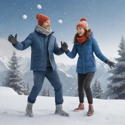 3D illustration of a jovial couple, a girl and boy, engaging in a snowball fight amidst falling snow on a snowy mountain. They are clad in stylish coats, pants, beanies, gloves, and sneakers.