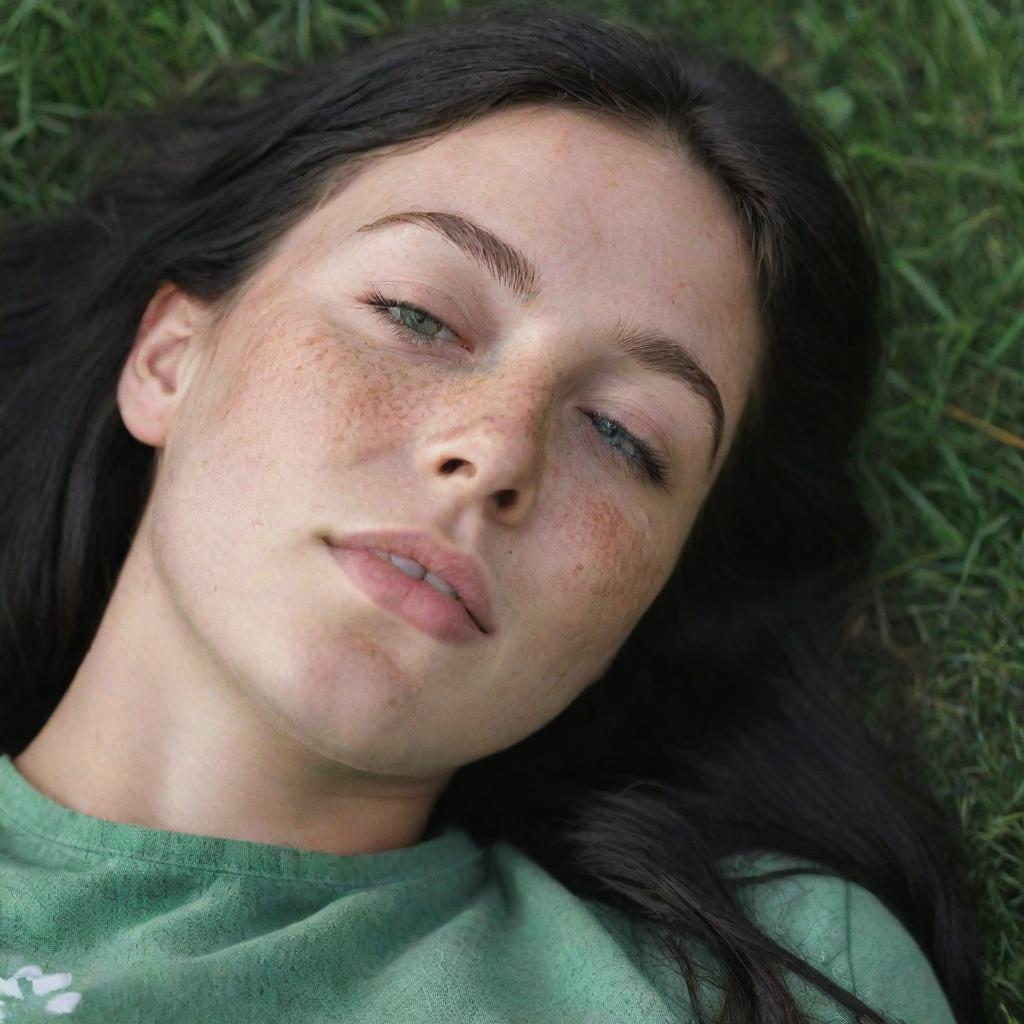 Capture a raw-style 4K HD, medium-distance, casual photo taken by a friend of a 23-year-old female with green eyes, freckles, and long black hair. She's peacefully sleeping in the grass.