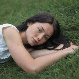 Capture a raw-style 4K HD, medium-distance, casual photo taken by a friend of a 23-year-old female with green eyes, freckles, and long black hair. She's peacefully sleeping in the grass.