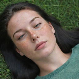 Capture a raw-style 4K HD, medium-distance, casual photo taken by a friend of a 23-year-old female with green eyes, freckles, and long black hair. She's peacefully sleeping in the grass.