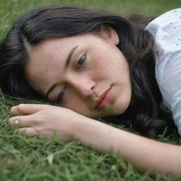 Capture a raw-style 4K HD, medium-distance, casual photo taken by a friend of a 23-year-old female with green eyes, freckles, and long black hair. She's peacefully sleeping in the grass.