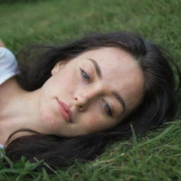 Capture a raw-style 4K HD, medium-distance, casual photo taken by a friend of a 23-year-old female with green eyes, freckles, and long black hair. She's peacefully sleeping in the grass with her eyes closed.