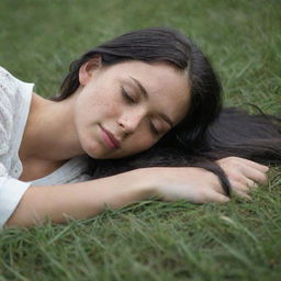 Capture a raw-style 4K HD, medium-distance, casual photo taken by a friend of a 23-year-old female with green eyes, freckles, and long black hair. She's peacefully sleeping in the grass with her eyes closed.