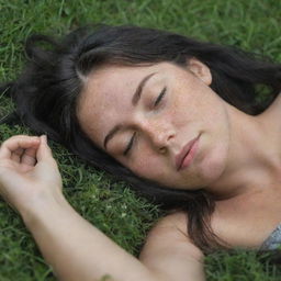 Capture a raw-style 4K HD, medium-distance, casual photo taken by a friend of a 23-year-old female with green eyes, freckles, and long black hair. She's peacefully sleeping in the grass with her eyes closed.