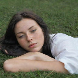 Capture a raw-style 4K HD, medium-distance, casual photo taken by a friend of a 23-year-old female with green eyes, freckles, and long black hair. She's peacefully sleeping in the grass with her eyes closed.