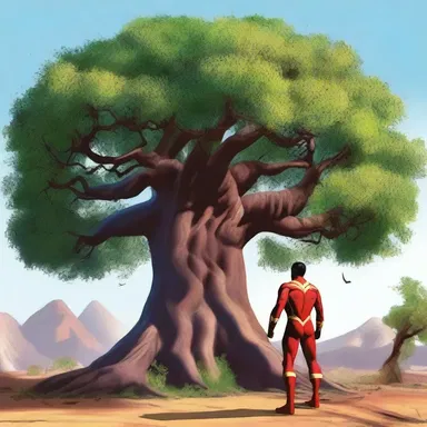 As the superhero fought off the villains, a marasca tree stood tall in the background, symbolizing the bittersweetness of his mission.