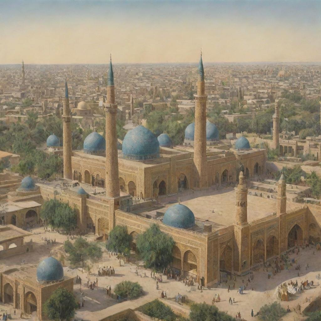 A vibrant view of Baghdad during the Islamic Golden Age, with minarets and domes of mosques, bustling traditional marketplaces, gardens, and scholars studying at the House of Wisdom.