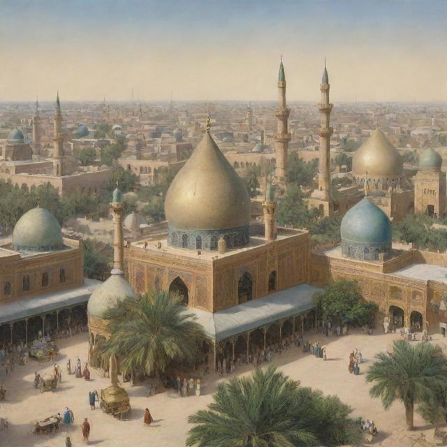 A vibrant view of Baghdad during the Islamic Golden Age, with minarets and domes of mosques, bustling traditional marketplaces, gardens, and scholars studying at the House of Wisdom.