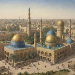 A vibrant view of Baghdad during the Islamic Golden Age, with minarets and domes of mosques, bustling traditional marketplaces, gardens, and scholars studying at the House of Wisdom.