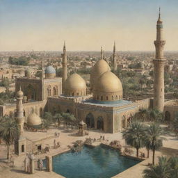 A vibrant view of Baghdad during the Islamic Golden Age, with minarets and domes of mosques, bustling traditional marketplaces, gardens, and scholars studying at the House of Wisdom.