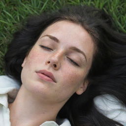 Capture a raw-style 4K HD, medium-distance, casual photo taken by a friend of a 23-year-old female with green eyes, freckles, and long black hair. She's peacefully sleeping in the grass with her eyes closed.