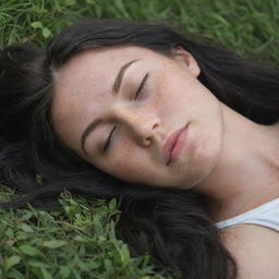 Capture a raw-style 4K HD, medium-distance, casual photo taken by a friend of a 23-year-old female with green eyes, freckles, and long black hair. She's peacefully sleeping in the grass with her eyes closed.