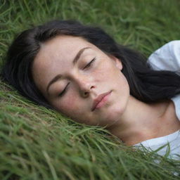 Capture a raw-style 4K HD, medium-distance, casual photo taken by a friend of a 23-year-old female with green eyes, freckles, and long black hair. She's peacefully sleeping in the grass with her eyes closed.