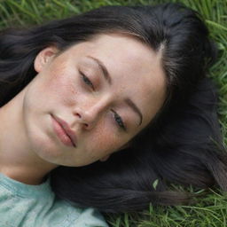 Capture a raw-style 4K HD, medium-distance, casual photo taken by a friend of a 23-year-old female with green eyes, freckles, and long black hair. She's peacefully sleeping in the grass with her eyes closed.