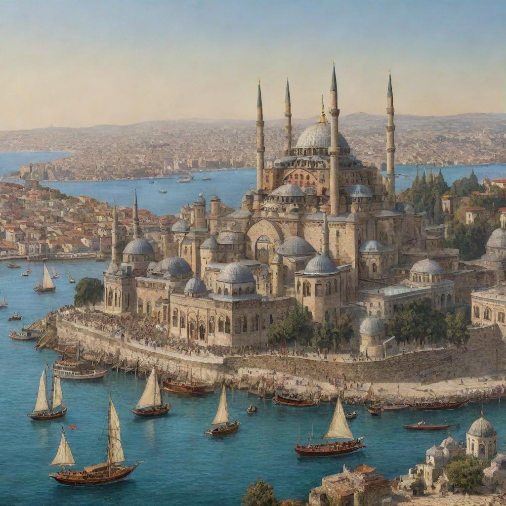 A sweeping panorama of Istanbul during the Ottoman era, featuring grand palaces, ornate mosques with towering minarets, bustling market bazaars, and ships dotting the Bosphorus strait.