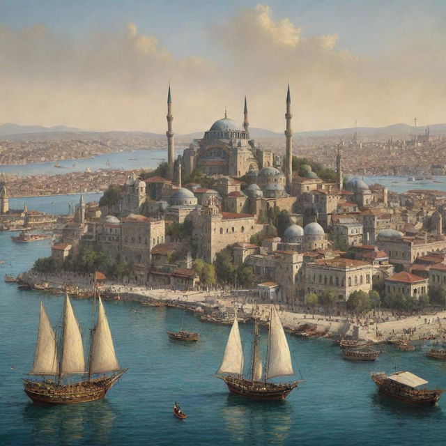 A sweeping panorama of Istanbul during the Ottoman era, featuring grand palaces, ornate mosques with towering minarets, bustling market bazaars, and ships dotting the Bosphorus strait.