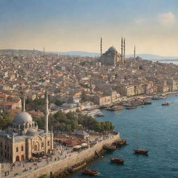 A sweeping panorama of Istanbul during the Ottoman era, featuring grand palaces, ornate mosques with towering minarets, bustling market bazaars, and ships dotting the Bosphorus strait.