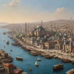 A sweeping panorama of Istanbul during the Ottoman era, featuring grand palaces, ornate mosques with towering minarets, bustling market bazaars, and ships dotting the Bosphorus strait.