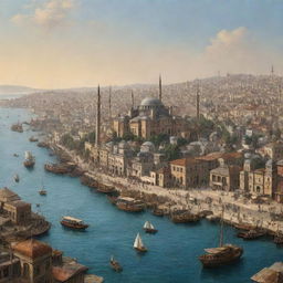 A sweeping panorama of Istanbul during the Ottoman era, featuring grand palaces, ornate mosques with towering minarets, bustling market bazaars, and ships dotting the Bosphorus strait.