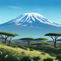 This is a high-resolution, digital art depiction of Mount Kilimanjaro in all its glory