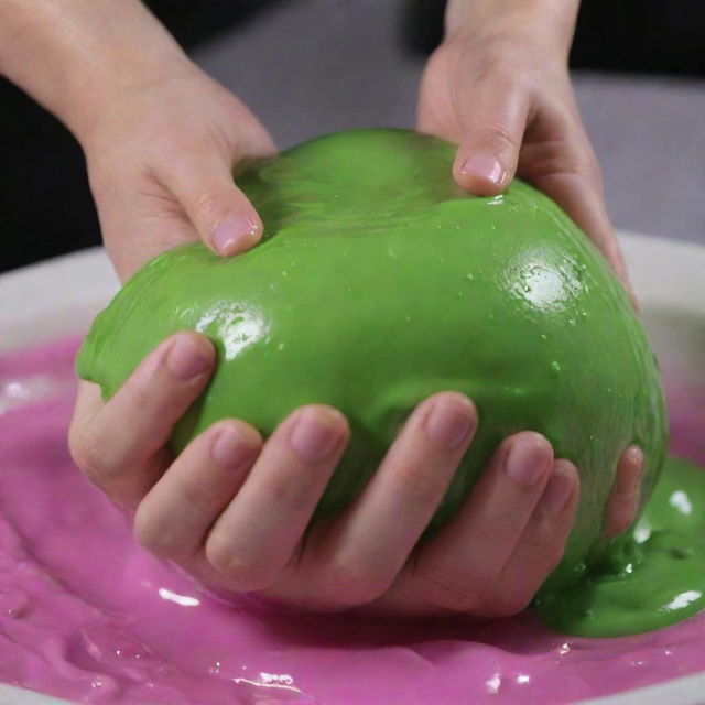 Slime ASMR scene with a vibrant, glossy slime being stretched and squished, capturing the tranquility and sensory delight of the act